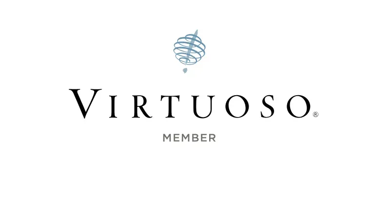 Virtuoso member logo with blue globe icon and black serif text on a white background
