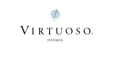 Virtuoso member logo with blue globe icon and black serif text on a white background
