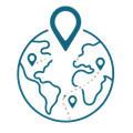 Blue globe icon with location pins and dotted travel routes around the world