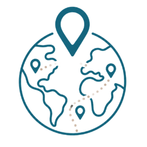 Blue globe icon with location pins and dotted travel routes around the world