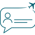 Teal chat bubble with a user icon and airplane, suggesting travel support or online booking chat