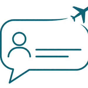 Teal chat bubble with a user icon and airplane, suggesting travel support or online booking chat