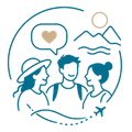 Travel scene icon with three people, mountains, sun, waves, heart chat bubble, and an airplane route