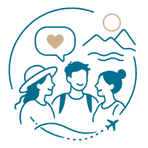 Travel scene icon with three people, mountains, sun, waves, heart chat bubble, and an airplane route