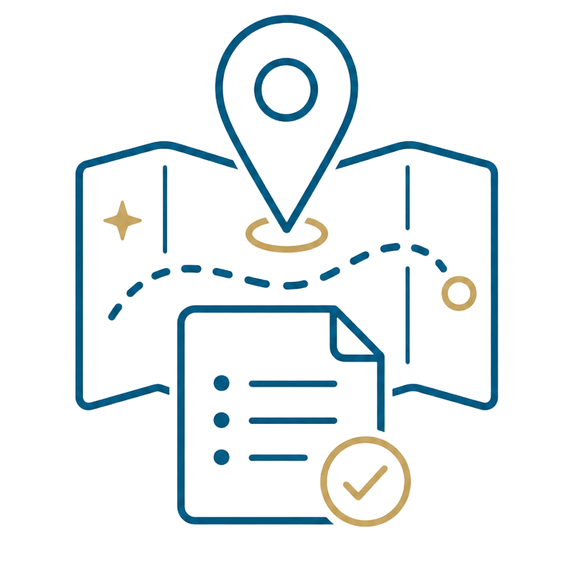 Map with location pin and checklist icon in blue and gold