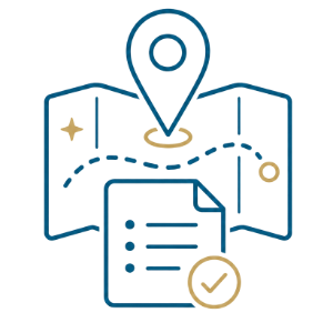 Folded map with location pin and checklist, outlined in blue and gold