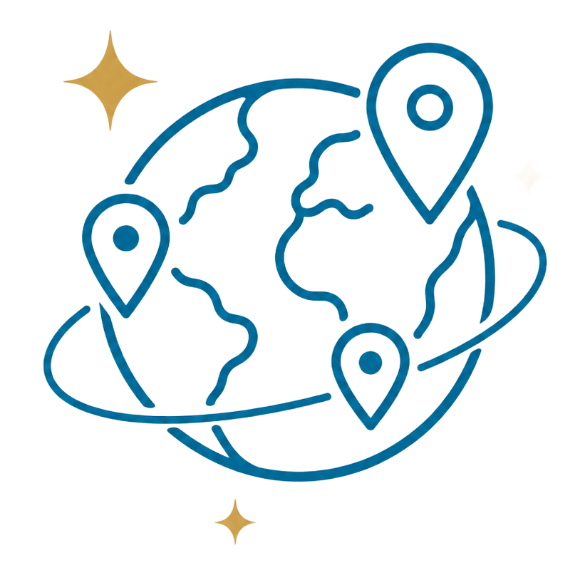 Blue globe with location pins and orbit lines, accented by gold sparkles.