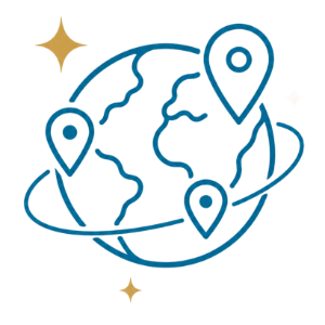 Blue globe with location pins and orbiting lines, suggesting global travel or navigation.