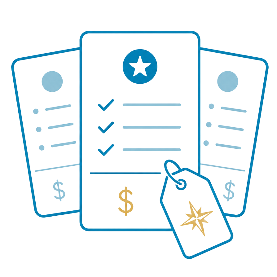 Illustrated price checklist with two invoice cards and a sale tag, in blue and gold accents