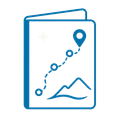 Blue route map icon with a dotted path, location pin, and mountain outline