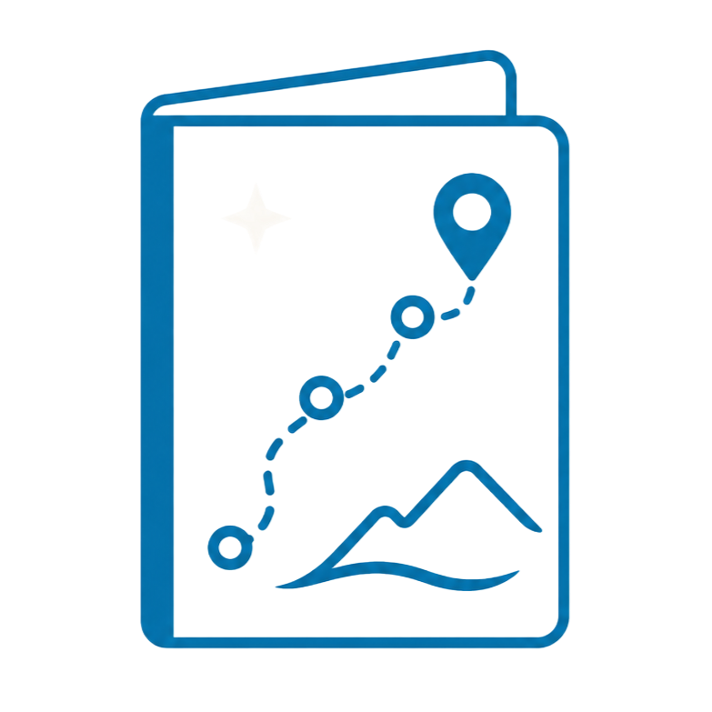 Blue route map icon with a dotted path, location pin, and mountain outline