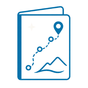 Blue map icon with a dotted route and location pins over a folded map outline