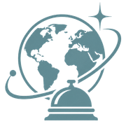 Blue globe with orbiting ring and bell, resembling a travel or world service logo