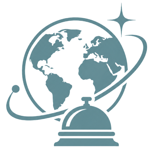 Blue globe with orbiting ring and bell, resembling a travel or world service logo