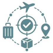 Travel logistics icon with plane, suitcase, location pin, package, and checkmark in teal icons