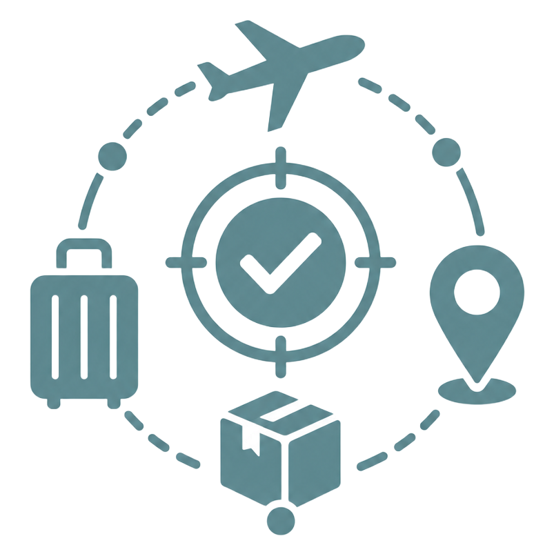 Travel logistics icon with plane, suitcase, location pin, package, and checkmark in teal icons