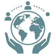 Hands cupping a globe with people icons above, symbolizing global community and support