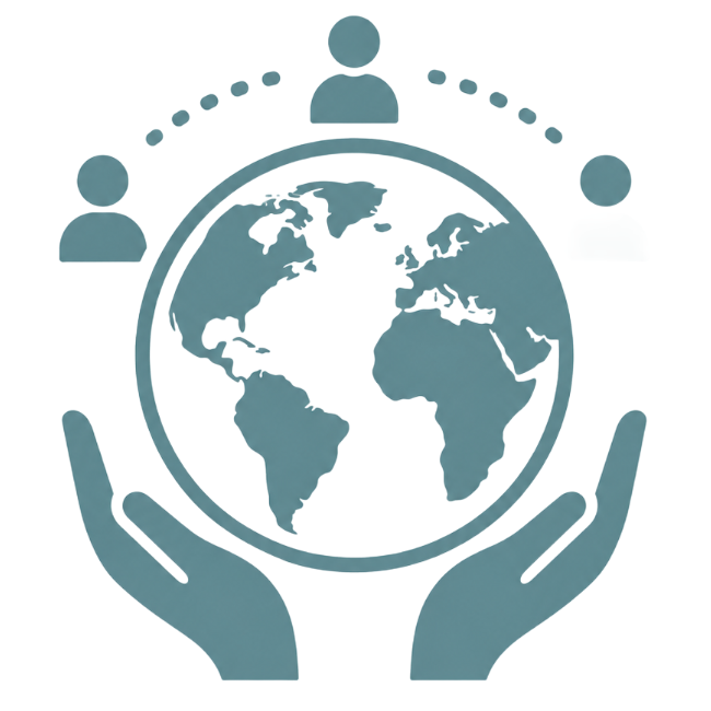 Hands cupping a globe with people icons above, symbolizing global community and support