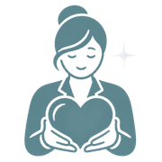 Woman icon holding a heart with a sparkle, in teal and white, symbolizing care and support
