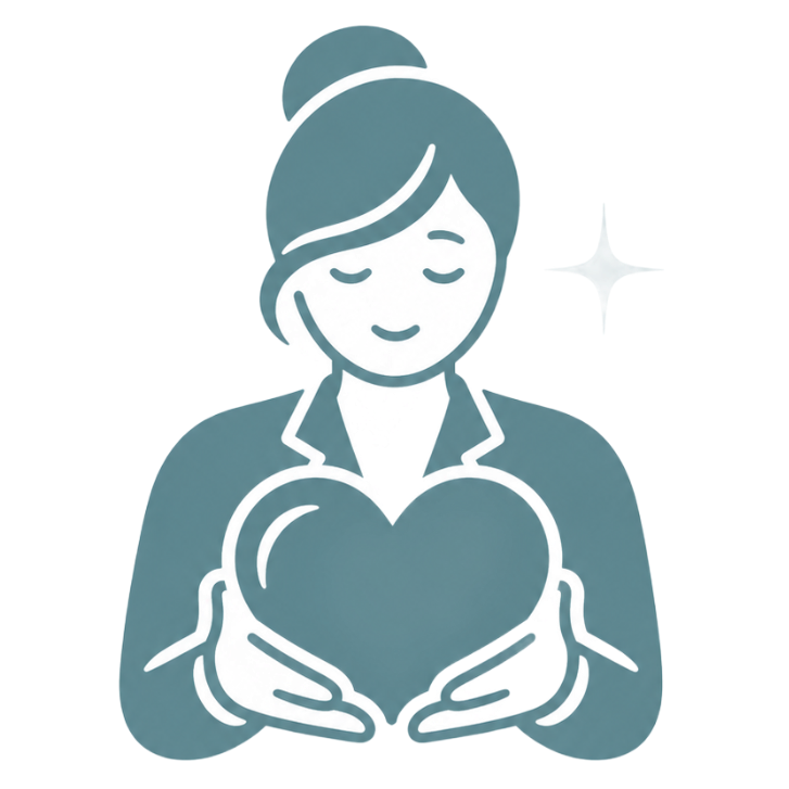 Woman icon holding a heart with a sparkle, in teal and white, symbolizing care and support