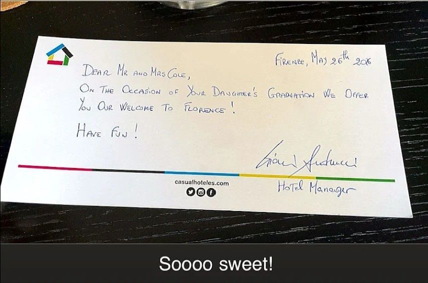 Handwritten thank-you note on white paper with a red and green border, signed at the bottom.