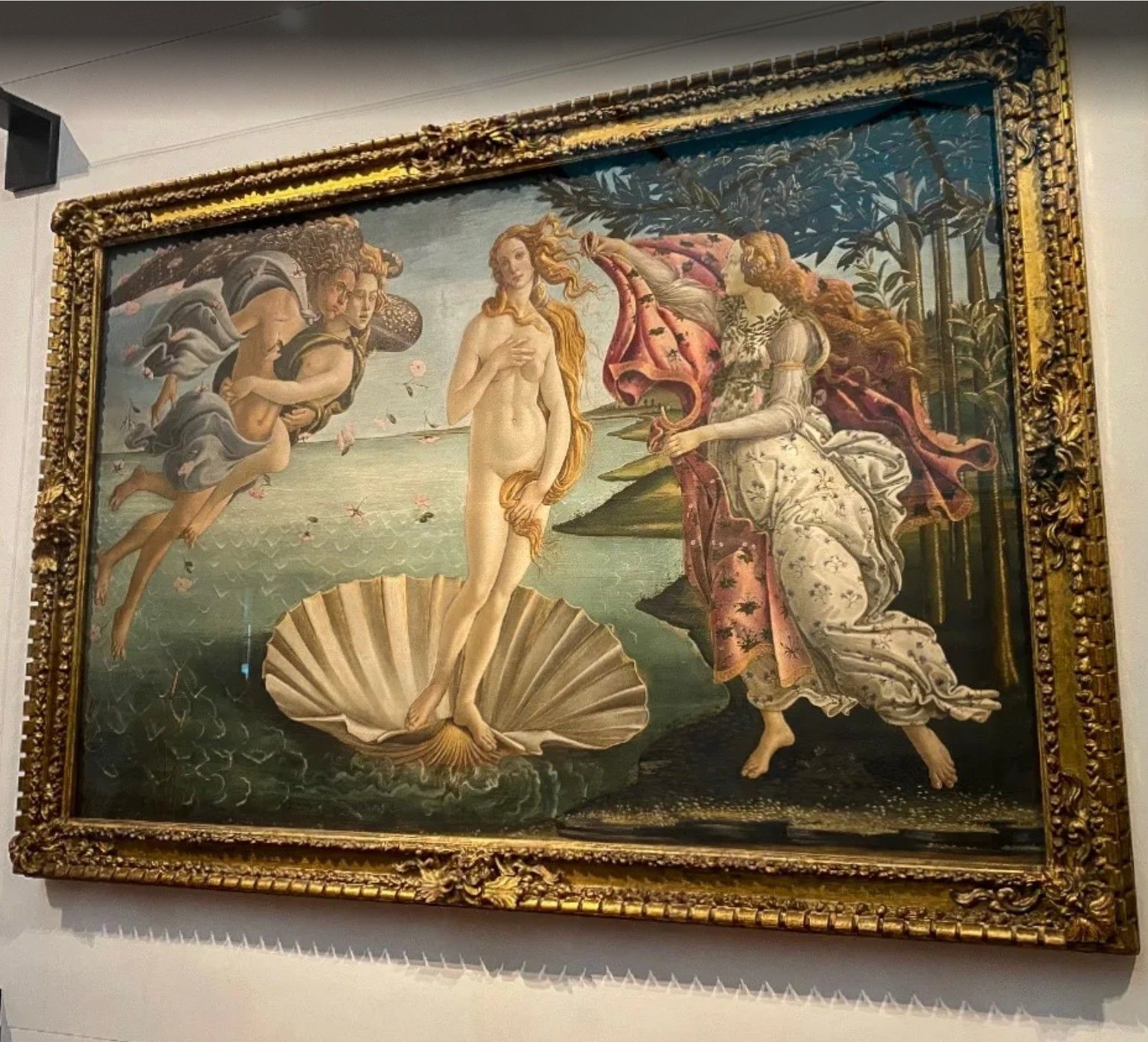 Framed Renaissance painting of Venus emerging from a shell, surrounded by mythological figures in a gallery