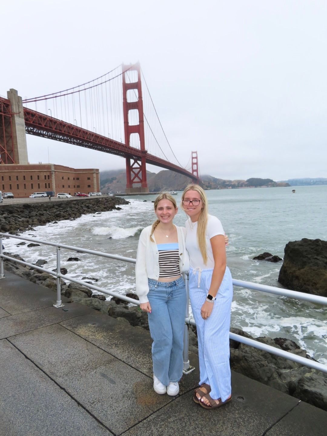 Two people standing by the Golden Gate Bridge on a cloudy day, with ocean and cityscape behind them.