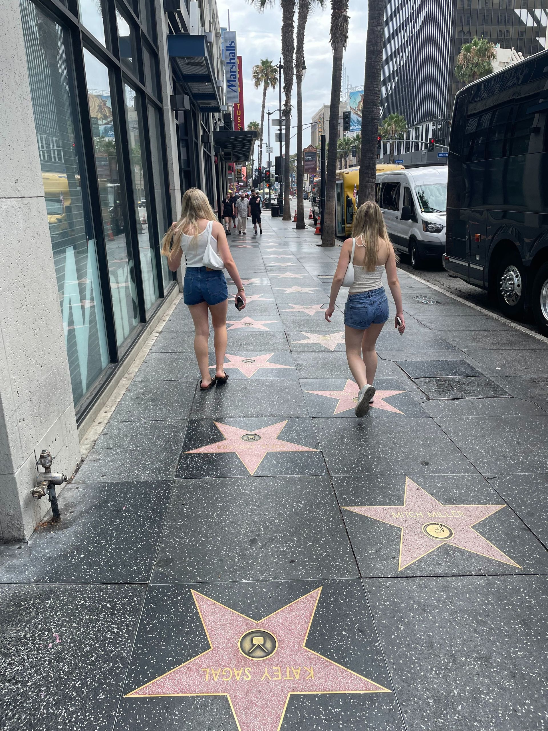Two people walking along a star-lined sidewalk in front of a glass building.