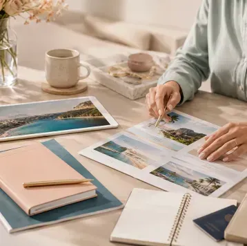 Person arranging printed travel photos on a tidy desk with notebooks, a mug, and flowers.