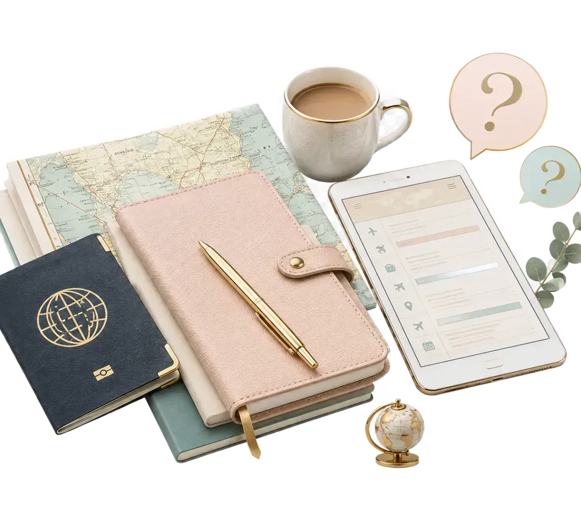 Pastel stationery set with notebook, planner, pen, coffee cup, phone, and small globe on a white background