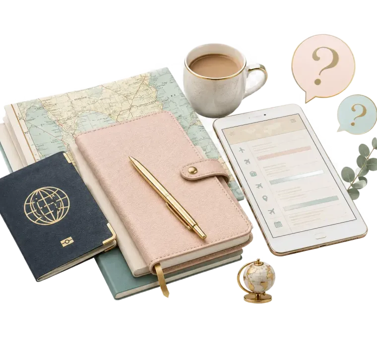 Pastel stationery set with notebook, planner, pen, coffee cup, phone, and small globe on a white background