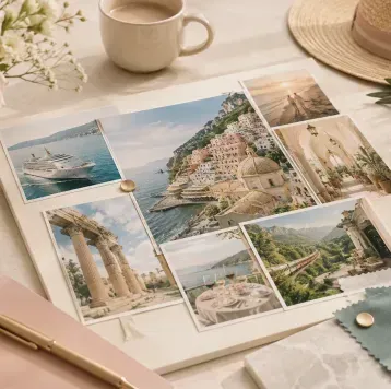 Travel scrapbook on a desk with coastal photos, flowers, a straw hat, coffee, and gold pens