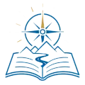 Blue compass over open book with mountain peaks, symbolizing exploration and learning