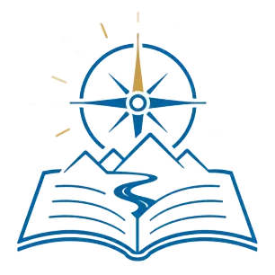Blue compass over open book with mountain peaks, symbolizing exploration and learning