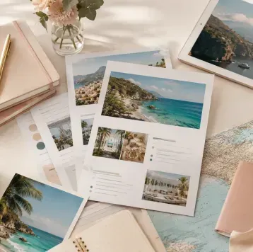 Travel scrapbook layout with beach photos, notebook, coffee, and pastel stationery on a desk