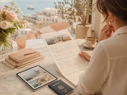 Woman writing at a sunlit seaside desk with flowers, notebooks, passport, and travel photos