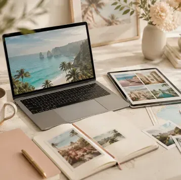 Laptop on a desk with travel photos, notebooks, coffee, and a tablet in a soft beige workspace