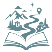 Open book with teal travel icons: mountains, landmarks, winding road, location pin, and stars.