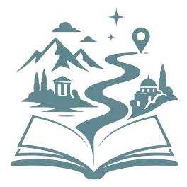 Open book with teal travel icons: mountains, landmarks, winding road, location pin, and stars.