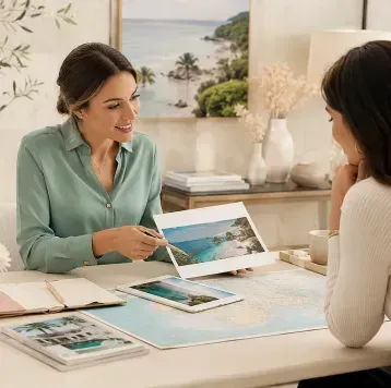 Two women reviewing design samples at a table in a bright, modern office