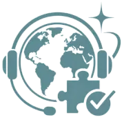 Blue globe with headset, puzzle piece, and check mark icon representing global support or accessibility