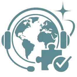 Blue globe with headset, puzzle piece, and check mark icon representing global support or accessibility