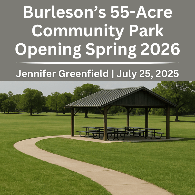 Future Burleson 55-acre community park with pavilion, walking path, and open green space for events and recreation.