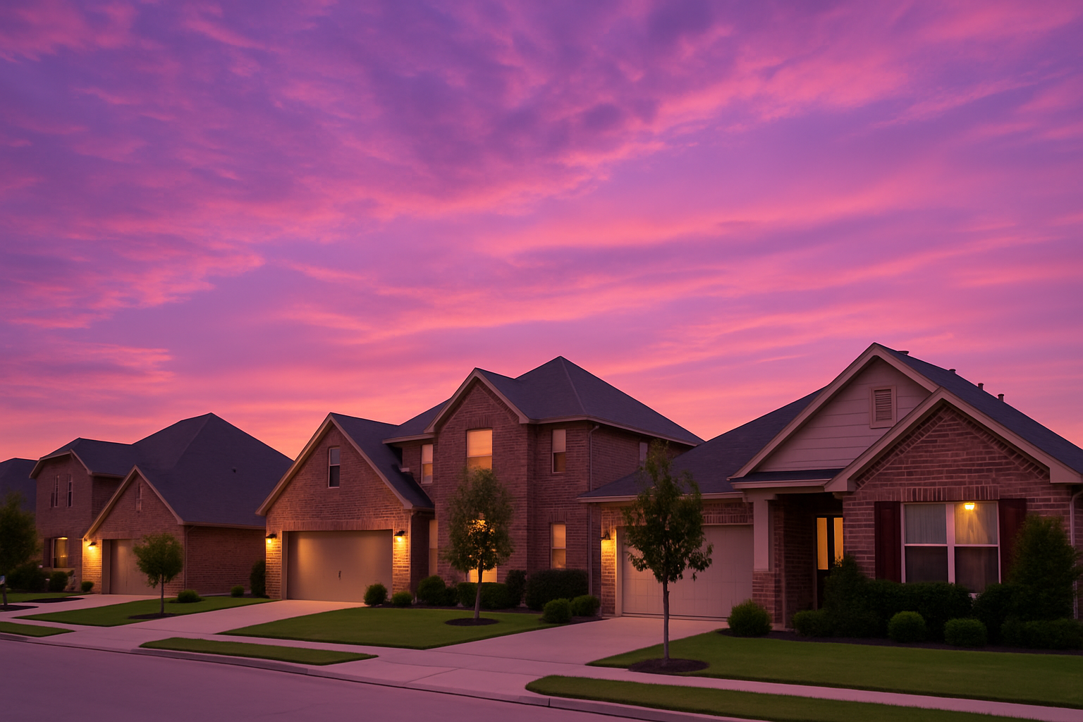 Why now may be the smartest time to buy a home in Texas — despite the headlines ow of Texas suburban homes at sunset, symbolizing hope and stability in the 2025 housing market