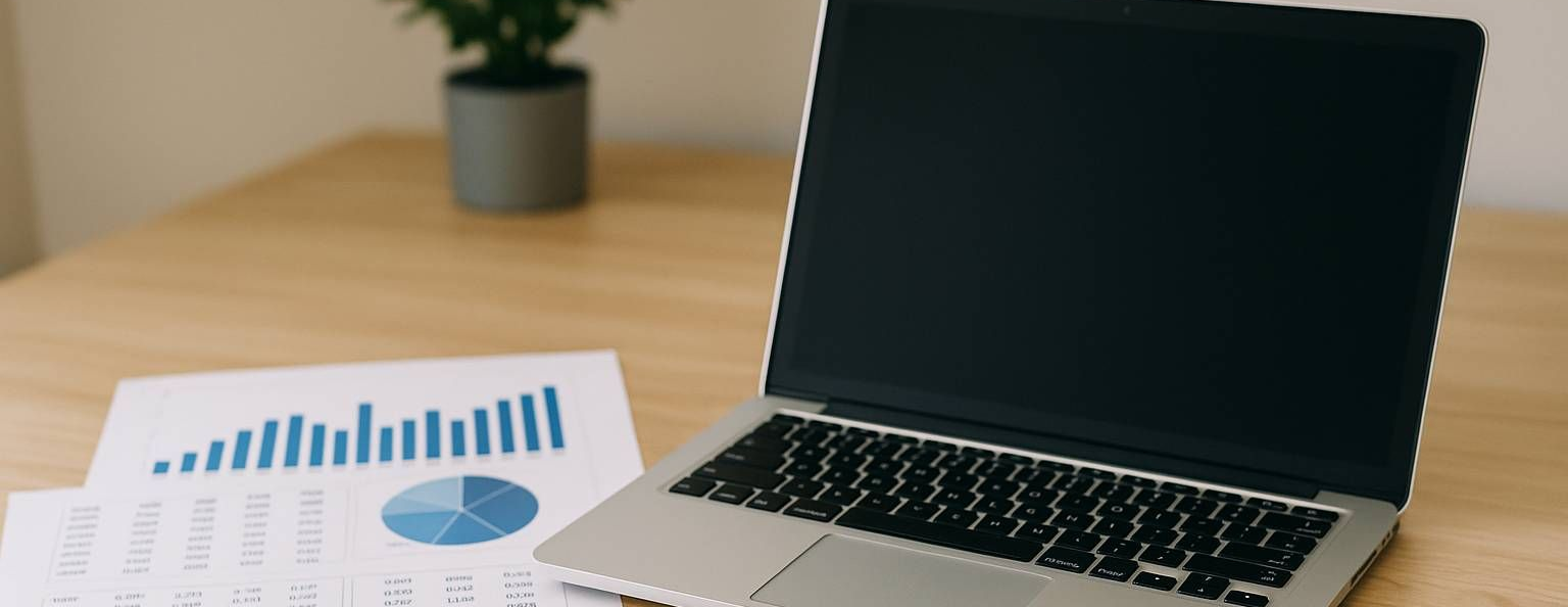 South DFW Credit Score Requirements for Home Loans 2025 – Reports and Laptop Workspace Laptop with financial reports and charts on desk, representing South DFW home loan credit score requirements 2025.