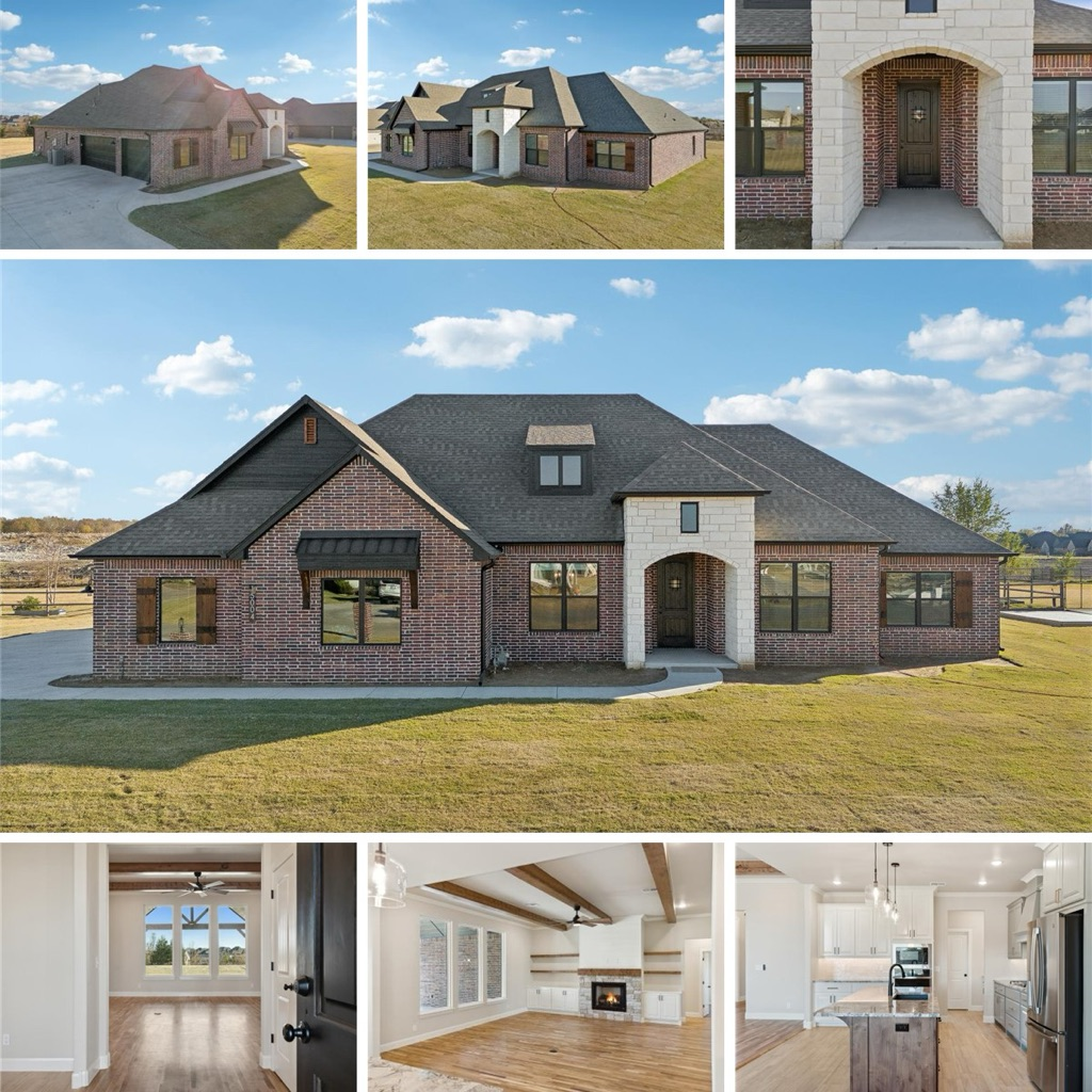 A collage showing exterior and interior views of a modern brick house with light-colored stone accents and open floor plans.