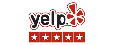 The Yelp logo in black with its red starburst icon, positioned above a row of five red squares with white stars.