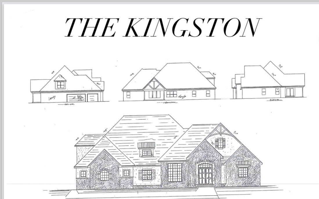Architectural sketch of the Kingston home featuring a front elevation and three side profile views in black and white.