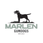 Logo for Marlen Gundogs: a black dog carrying a duck, with text