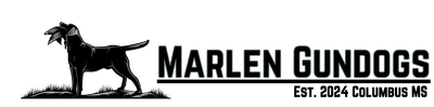 Black logo of a hunting dog holding a bird in its mouth, with text: MARLEN GUNDOGS, EST. 2024 COLUMBUS MS.